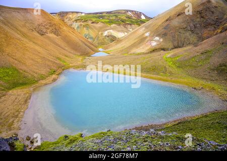 Lac turquoise au pied de Brennisteinsalda, Landmannalaugar, Suourland, Islande Banque D'Images