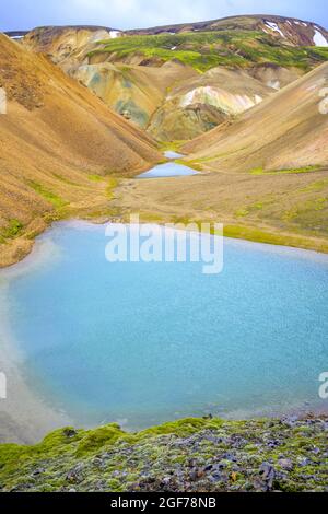 Lac turquoise au pied de Brennisteinsalda, Landmannalaugar, Suourland, Islande Banque D'Images