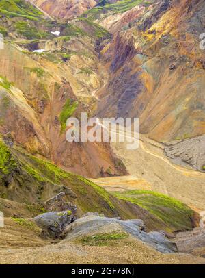 Vue de Brennisteinsalda dans une vallée de rivière colorée, Landmannalaugar, Suourland, Islande Banque D'Images