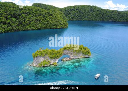 Arche de roche dans la lagune de Palau, Océan Pacifique, République des Palaos Banque D'Images