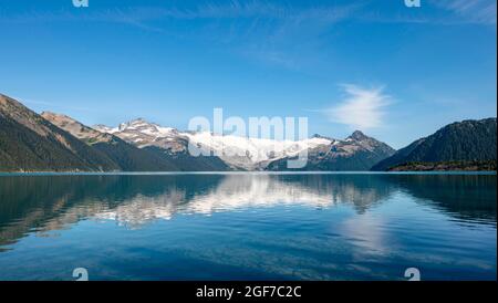 Lac Garibaldi, montagnes reflétées dans le lac glaciaire turquoise, la montagne de la Garde et le pic de déception, glacier derrière, Parc provincial Garibaldi, Britannique Banque D'Images