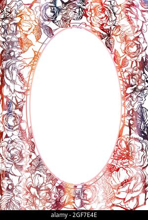 Cadre ovale vertical fleuri dessiné à la main avec fleurs roses graphiques Banque D'Images