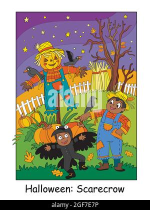 Enfants drôles en costumes d'arnaque et de corbeau sur un terrain. Concept Halloween. Illustration vectorielle de dessin animé. Illustration de stock pour le design, préscolaire Illustration de Vecteur