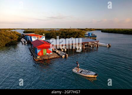 Centre de plongée avec bateaux, mangroves à l'arrière (Rhizophora), Parc national Jardines de la Reina, Archipel, Mer des Caraïbes, Camagueey et Ciego de Avila Banque D'Images