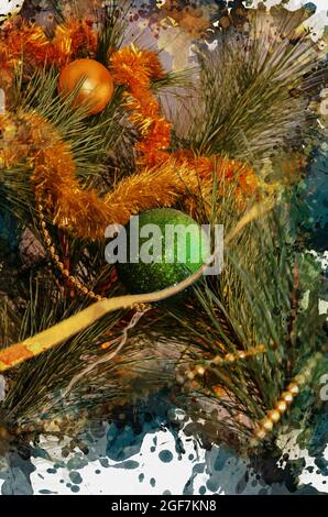 Noël, décor du nouvel an avec boules de Noël, guirlande, branches de aiguilles de pin. Arrière-plan abstrait festif. Aquarelle numérique Banque D'Images