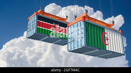 Conteneurs de fret avec drapeaux nationaux de l'Algérie et du Kenya. Rendu 3D Banque D'Images
