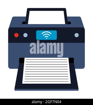 Icône plate. Vue avant en perspective de l'imprimante à jet d'encre sans fil. Impression de documents au bureau à l'aide de copieurs. Vecteur noir et blanc simple sur fond blanc Illustration de Vecteur