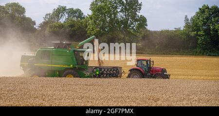 Moissonneuse-batteuse John Deere CTS 9870i en action récolte de blé avec un tracteur Red case 130 tirant la remorque de récolte Banque D'Images