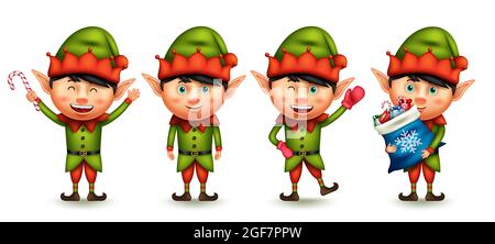 Ensemble de vecteurs de Noël. Garçon elves personnages 3d agitant, tenant et donnant des cadeaux de canne à sucre pour la jolie collection de Noël nains de santa. Illustration de Vecteur