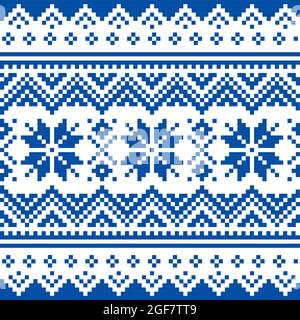 Motif de Noël fluide en bleu marine avec flocons de neige, inspiré par les Sâmes, broderie d'art populaire de Laponie Illustration de Vecteur