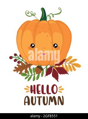 Bonjour automne - illustration vectorielle dessinée à la main. Un accueil aux couleurs de l'automne avec une jolie citrouille. Bon pour la vente affiche de marketing, carte de voeux, bannière, textile Illustration de Vecteur