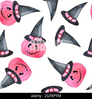 Motif aquarelle dessiné à la main sans couture de Halloween automne pastel rose citrouilles avec noir et chapeau. Cartes goth gothic d'horreur, invitation, motif Halloween, imprimés. Jolie peinture kawaii pour filles Banque D'Images