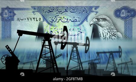 Emirats Arabes Dubai Dirhams machine à compter de l'argent avec pompe à huile. Activité de forage pétrolier et de carburant avec nombre de billets. Economie résumé concept back Banque D'Images