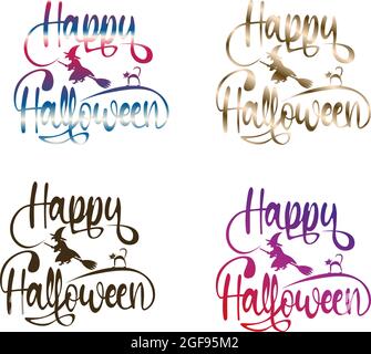 Ensemble de typographie Happy Halloween avec chat sorcière volant et dégradé Illustration de Vecteur
