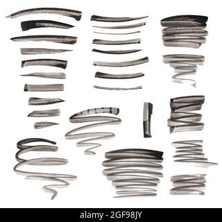 Ensemble de formes raster haute résolution. Courbes, lignes, contours d'aquarelle noir et blanc dessinées à la main. Banque D'Images