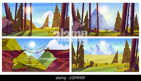 Paysages de montagne avec arbres et pont de corde Illustration de Vecteur