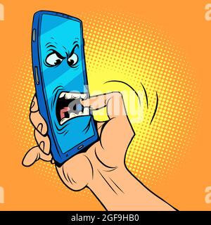 Le personnage du smartphone se morce la main. Téléphones mobiles dangereux, sécurité de l'information et dépendance en ligne Illustration de Vecteur