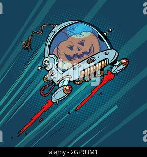 Halloween citrouille dans l'espace, une vacances d'automne. Le terrible astronaute Illustration de Vecteur