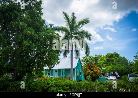 Grand Cayman, îles Caïmans, juillet 2020, vue sur une maison traditionnelle en bois vert avec un toit en étain entouré d'une végétation tropicale dense Banque D'Images