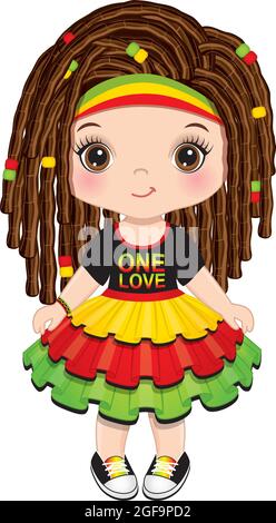 Jolie petite fille Reggae avec des dreadlocks portant une robe Rastafarian. Vector Reggae Girl Illustration de Vecteur