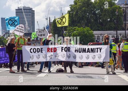 Londres, Royaume-Uni. 24 août 2021. Extinction rébellion manifestants à l'extérieur de HM Revenue & Customs. Les manifestants se sont rassemblés à Westminster pour la deuxième journée complète de leur campagne de deux semaines, la rébellion impossible, appelant le gouvernement britannique à agir de manière significative sur la crise climatique et écologique. (Crédit : Vuk Valcic / Alamy Live News) Banque D'Images