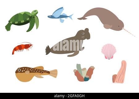 Ensemble d'animaux de mer - tortue narraque éléphant puffer crevettes de poisson. Imprimé habitants du monde sous-marin. Collection de vie sous-marine dessinées à la main. Drôle de dessin animé animaux marins personnage pour enfant. Illustration de Vecteur