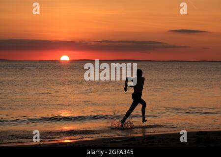 Gower, Swansea, Royaume-Uni. 24 août 2021. Météo au Royaume-Uni: Un garçon aime arnaqueter les hilades sous un soleil couchant, lors d'une soirée sèche, fine et ensoleillée à la plage de Llangennith sur la péninsule de Gower. Les perspectives pour les prochains jours sont pour le même beau temps avec quelques sorts chauds.Credit: Gareth Llewelyn/Alamy Live News Banque D'Images