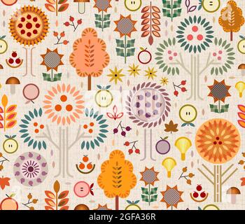 Saison de récolte d'automne concept avec des pommes, prunes, baies, champignons de forme unique, arbres avec des feuilles de couleur changeante, florals terreux géométriques. Illustration de Vecteur