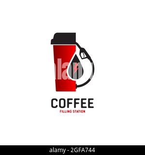 Une tasse de café rouge et un tuyau de station d'essence. Modèle de logo ou d'étiquette sur fond blanc. Concept de ravitaillement Illustration de Vecteur