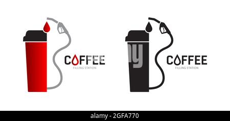 un verre de café et un tuyau de station d'essence. Modèle de logo ou de symbole sur fond blanc. Le concept de ravitaillement avec boissons, café, thé Illustration de Vecteur