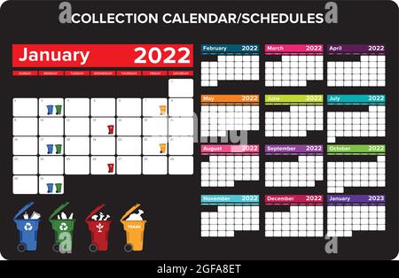 2022 ensemble de calendriers de collecte de la corbeille et de la corbeille vecteur Illustration de Vecteur