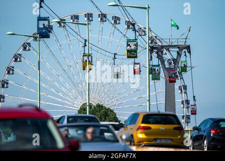 Téléphérique du Rhin, cabine au-dessus du Rhin, grande roue au zoo, circulation automobile sur le pont du zoo, Cologne, NRW, Allemagne, Banque D'Images