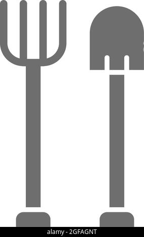 Fourche avec pelle, outils de jardinage, icône gris agriculture. Illustration de Vecteur