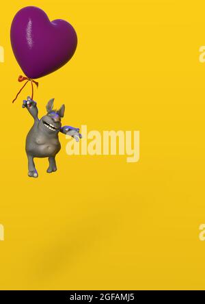 Illustration 3D d'un joli et drôle de dessin animé kobold accroché à un ballon, objet de rendu isolé Banque D'Images