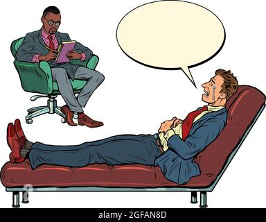 Un psychothérapeute noir est en séance de psychothérapie avec un patient, à l'écoute d'un homme d'affaires, assis dans une chaise et prenant des notes dans un Illustration de Vecteur