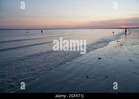 East Wittering, Royaume-Uni, 23 août 2021 : les gens et les chiens apprécient le temps sec sur la plage d'East Wittering dans West Sussex pendant que le soleil se couche sur le Solen Banque D'Images