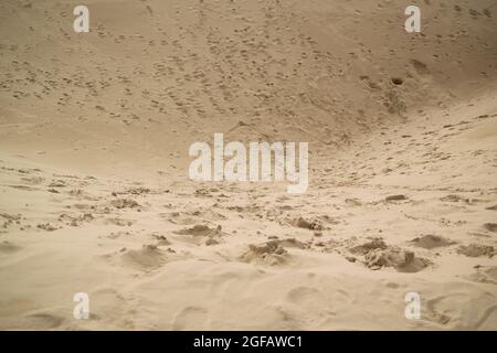 Empreintes de pas traversant un cratère dans une dune de sable. Des signes de présence de personnes qui se présentent dans le trou rempli de sable. Banque D'Images