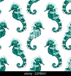 Motif sans couture peint à la main aquarelle cheval de mer. Il est parfait pour les cartes, la conception de modèle, les cartes postales. Banque D'Images