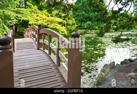 Pont en bois dans les jardins japonais du château Hatley, près de Victoria Colombie-Britannique Canada. Banque D'Images