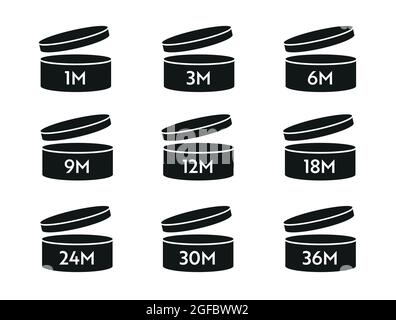 Jeu d'icônes de vecteur foncé PAO. Période après l'ouverture des symboles. Boîte à bouchon ouvert avec période d'expiration en mois. Illustration de Vecteur