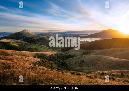 Lever de soleil sur Hoopers Inlet, péninsule d'Otago, Dunedin, Otago, Nouvelle-Zélande Banque D'Images