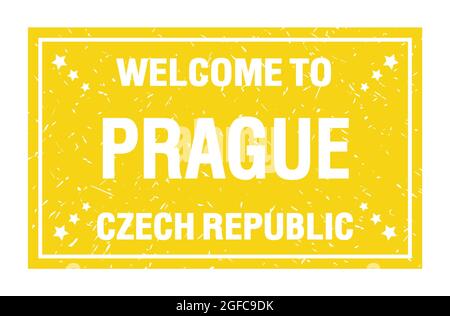 BIENVENUE À PRAGUE - RÉPUBLIQUE TCHÈQUE, mots écrits sur le drapeau rectangle jaune Banque D'Images