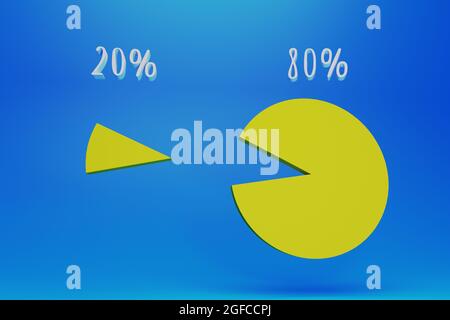 illustration élégante du rendu 3d du principe pareto 20 pour cent de l'effort donne 80 règle de résultat. graphiques jaunes sur fond bleu Banque D'Images