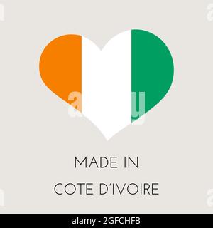Étiquette en forme de coeur avec drapeau de la Côte d'Ivoire. Autocollant fabriqué en Côte d'ivoire. Usine, fabrication et concept de pays de production. Illustrateur de vecteur Illustration de Vecteur