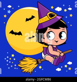 Bébé Halloween sorcière volant avec un balai dans le ciel de nuit. Banque D'Images