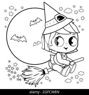 Bébé Halloween sorcière volant avec un balai dans le ciel de nuit. Page de couleur noir et blanc. Banque D'Images