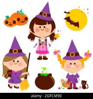 Halloween Illustration collection de filles en costumes de sorcière, gâteries, bonbons et autres objets d'Halloween. Banque D'Images