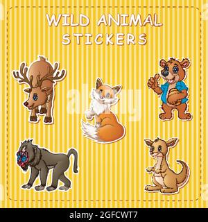 Joli dessin animé d'animaux sauvages sur l'autocollant Illustration de Vecteur