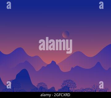 Paysage vectoriel avec silhouette bleue de montagnes et de hautes collines avec ciel de nuit orange et belle lune. Silhouette d'une haute colline au crépuscule. Illustration de Vecteur