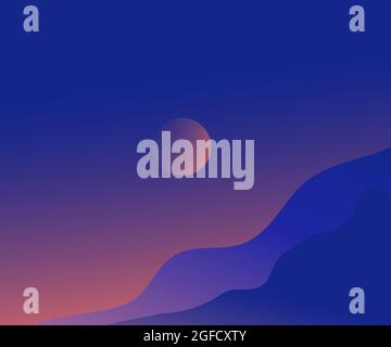 Paysage vectoriel avec silhouettes bleues de montagnes imposantes et de collines contre le magnifique ciel orange nuit. Silhouette d'une haute colline au crépuscule. Illustration de Vecteur